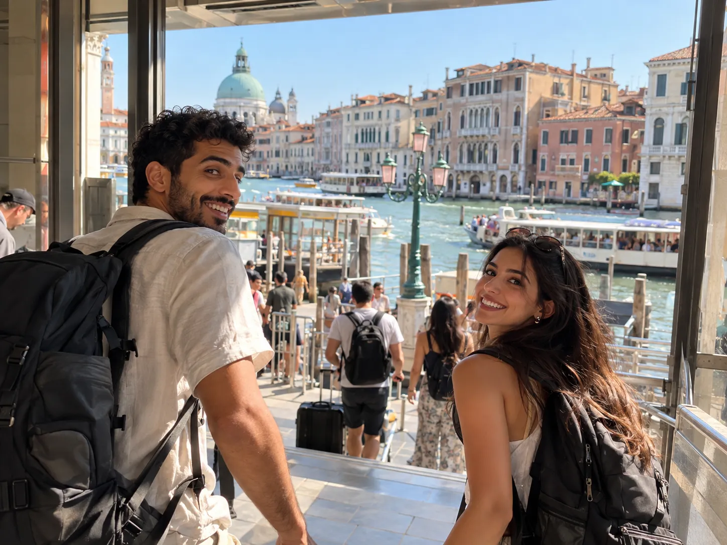 Jóvenes viajeros junto a un canal de Venecia durante un viaje de 2 días