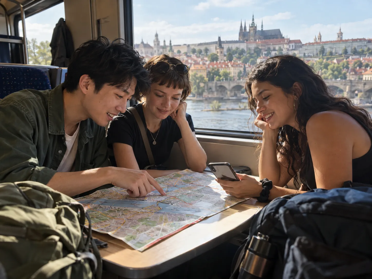 Viajeros consultando un mapa para reservar asientos en trenes de Interrail