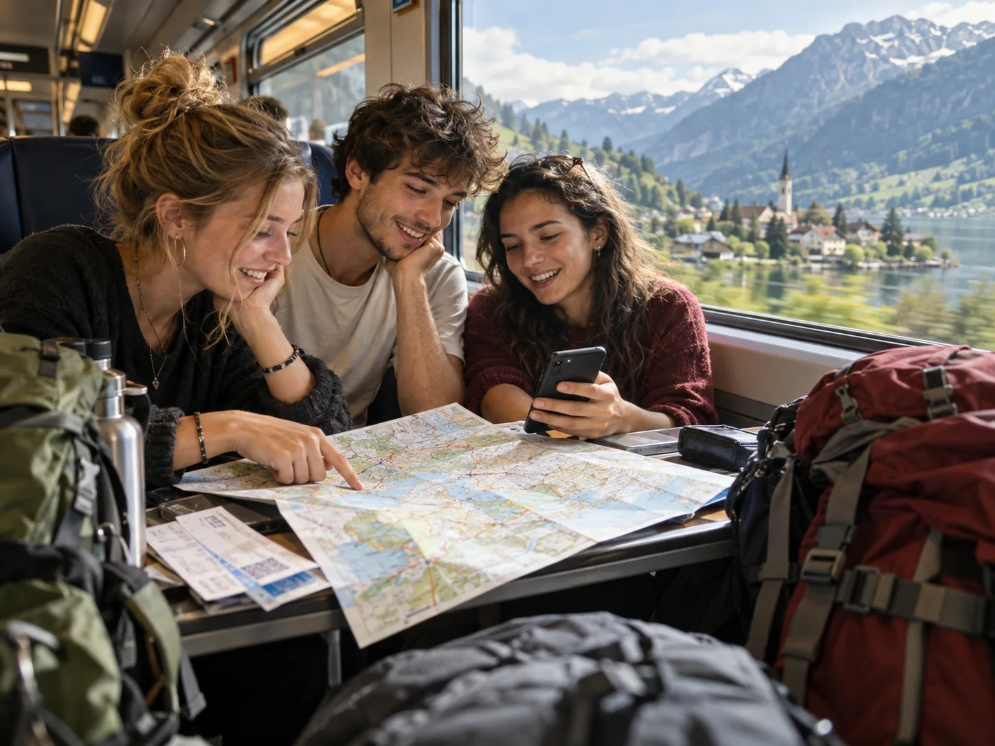 Amigos usando la app Rail Planner para planificar su Interrail en un tren