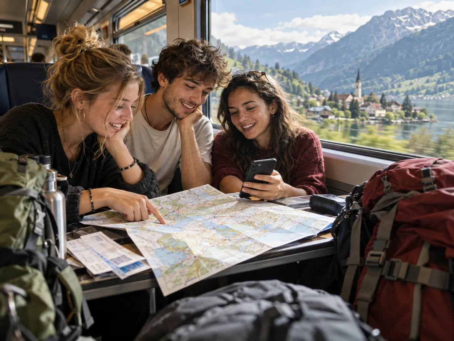 Dos viajeros planificando su ruta con un mapa dentro del tren con Rail Planner de Interrail