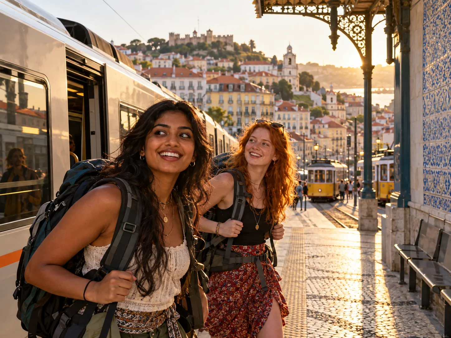 Dos amigas jóvenes sonriendo en una estación con descuento Interrail para jóvenes
